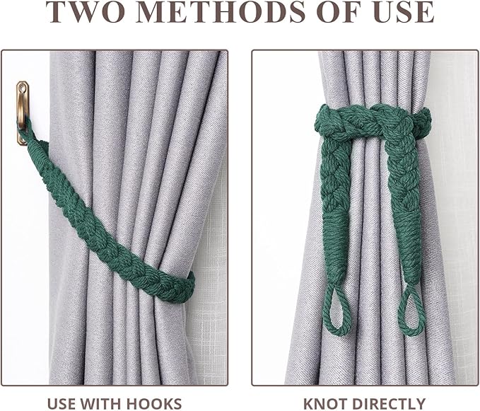 NICEEC 2 Pack Natural Cotton Rope Curtain Tiebacks Elegant Boho Style Decorative Drape Tie Backs Soft Hand-Woven Rope Curtain Holdbacks with Metal Hook for Home & Office Drapery (Dark Green)