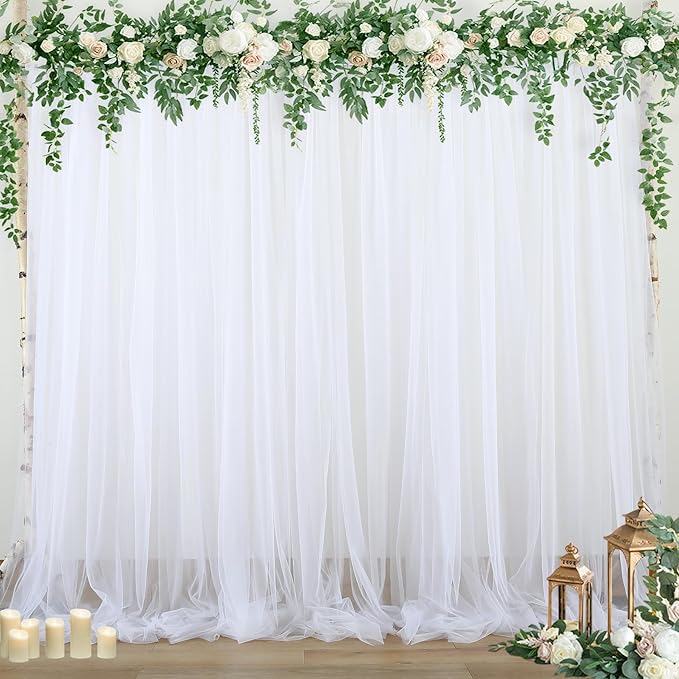 20ft x 15ft White Tulle Backdrop Curtain for Parties Sheer Fabric Backdrop Curtains for Wedding Baby Shower Bridal Shower Birthday Photo Backdrop Drapes Background Wall Decorations 4 Panels 5ft x 15ft