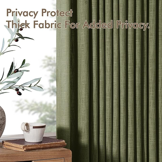 MIULEE Olive Green Pinch Pleated Linen Curtains 90 Inches Long 2 Panels for Living Room Bedroom, Linen Texture Memory Trained Drapes Pleat Back Tab Semi Sheer Moss Green Window Curtains with Hooks
