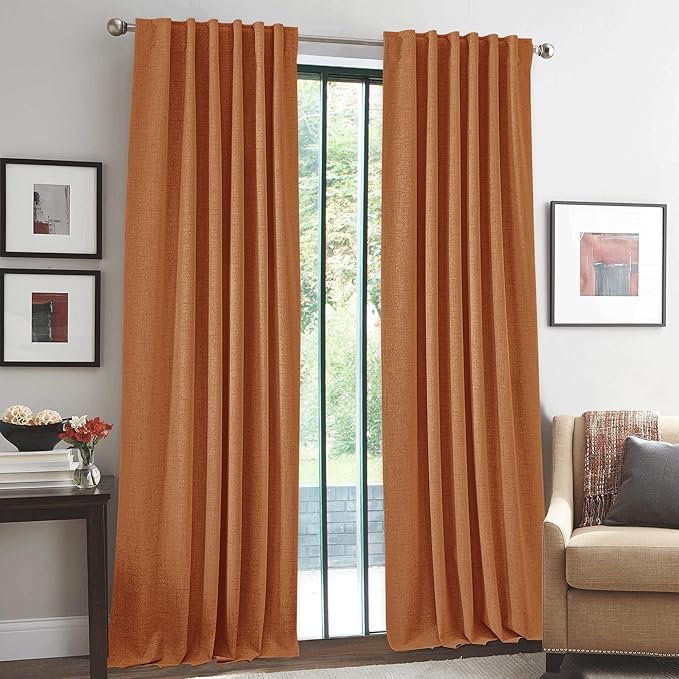 RYB HOME Burnt Orange Total Blackout Curtains Linen Texture, Fall Curtains for Bedroom/Living Room/Office, Thermal Insulated Boho Farhmouse Home Decor, Luxury Privacy Drapes, W52xL96, 2 Panels