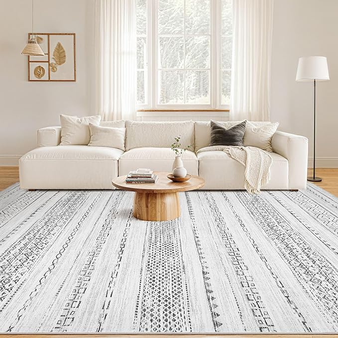 Nakagishi Area Rugs 8x10 Living Room: Washable Boho Large Neutral Soft Farmhouse Rug Stain Resistant Modern Geometric Non-Slip Indoor Carpet for Bedroom Nursery Kids Playroom Office Dining Room- Grey