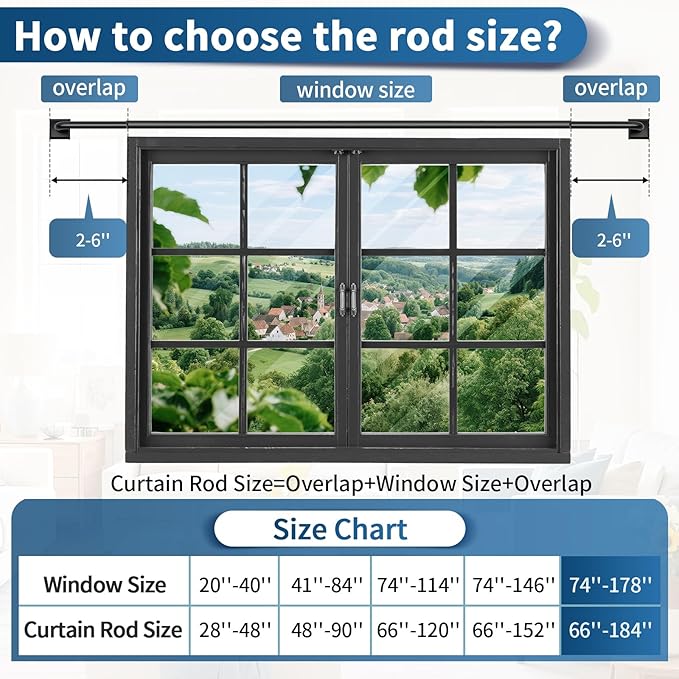Black Curtain Rods for Windows 66-184 Inch(5.5-15.3ft) Heavy Duty Wrap Around Blackout Curtain Rods, Extra Long Adjustable Room Darkening Drapery Rod for Bedroom, Living Room & Outdoor Patio