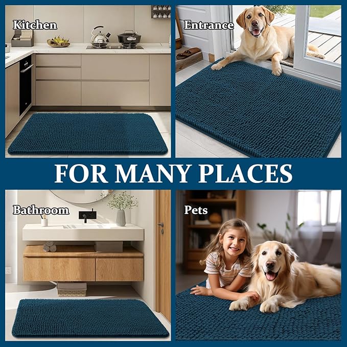 OLANLY Dog Door Mat for Muddy Paws 70x46, Absorbs Moisture and Dirt, Absorbent Non-Slip Washable Doormat, Quick Dry Chenille Mud Mat, Entry Indoor Entryway Carpet for Inside Floor, Atlantic Blue