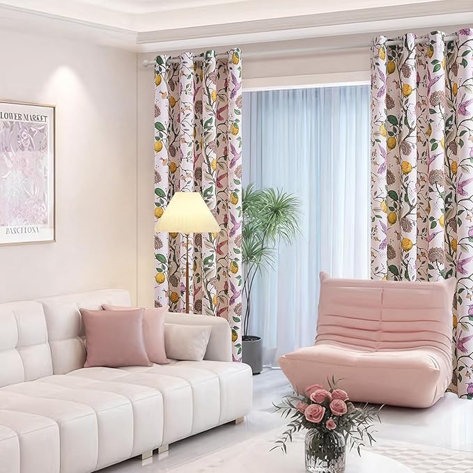 Topfinel Pink Blackout Window Curtains 72 Inch Length 2 Panels for Girls Bedroom, Spring Light Pink Cute Fancy Cottage Core Princess Floral Hummingbird Patterned Grommet Blush Pink Curtains Nursery