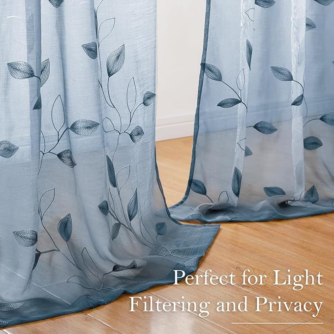 HOMEIDEAS Stone Blue Floral Sheer Curtains 96 Inches Long 2 Panels Embroidered Pattern Semi Sheer Window Curtains for Bedroom Living Room