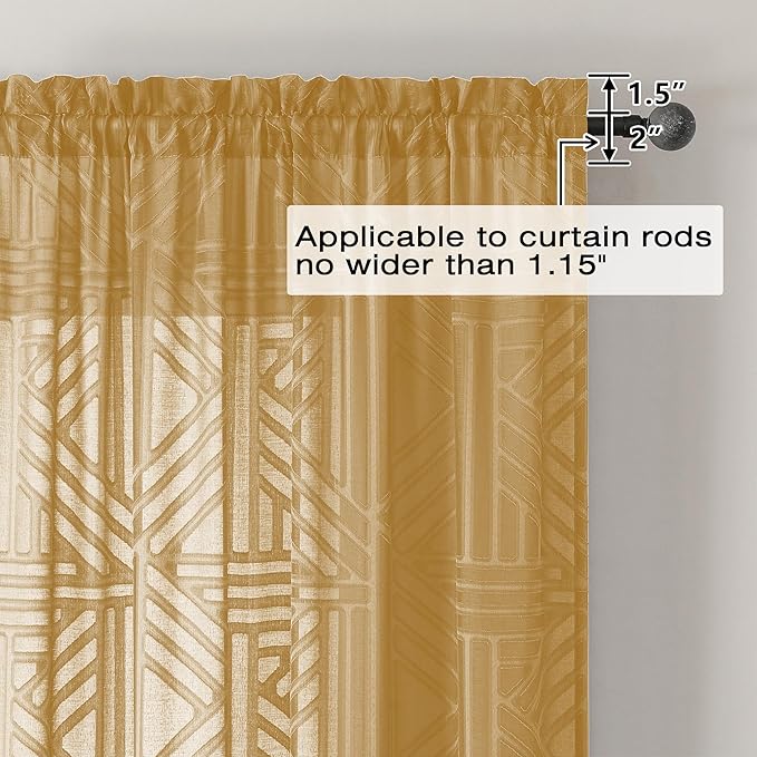 Simplebrand Gold Semi Sheer Curtains 54 Inch Length 2 Panels, Geometric Jacquard Clip Textured Short Sheer Curtains for Bedroom，Modern Elegant Window Curtains Drapes/Treatment Sheer，42x54 inch