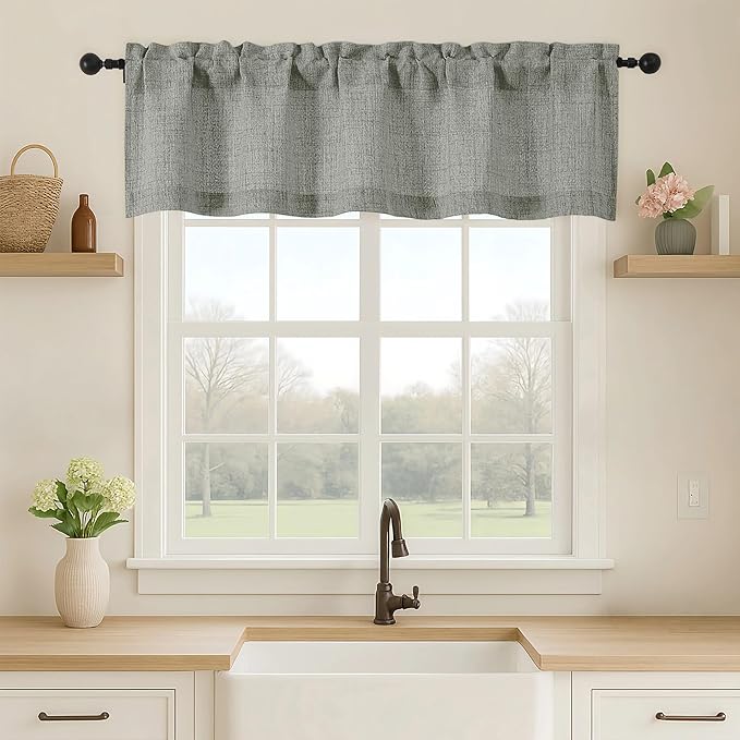 OVZME Valance for Windows, Light Filtering Faux Linen Textured Small Short Valance Kitchen Curtain, Dual Rod Pocket Top Short Window Curtain for Bathroom Basement Farmhouse, 52Wx14L Inch, Dark Grey