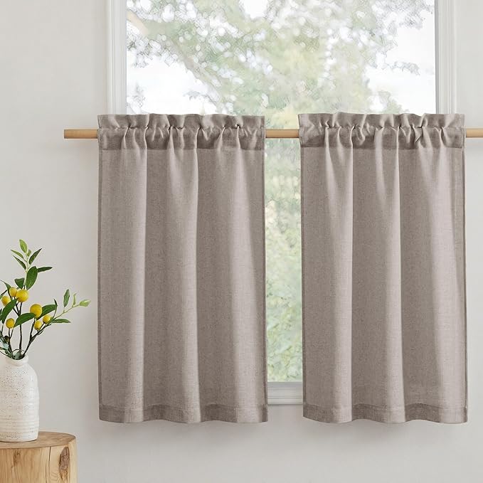 RYB HOME Cafe Curtains 24 inches Length, Linen Sheer Short Curtains for Small Window, Half Privacy Light Filetring Window Tier Valance for Kitchen Bathroom, W 26 x L 24, Birch Brown, 2 Panels Set