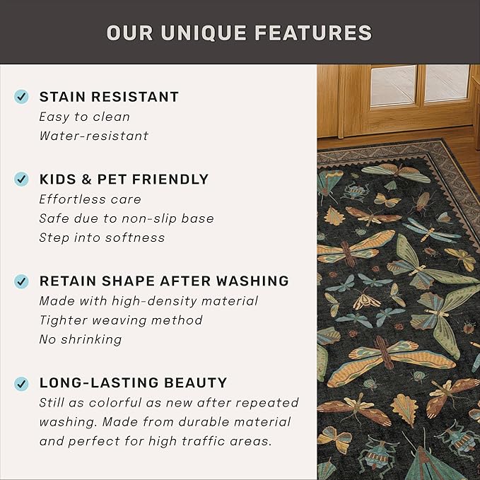 Small Black Entryway Runner Rug - 2x4 Front Door Rug Indoor Entrance, Small Waterproof Carpet for Kitchen Floor, Bathroom, Powder Room, Washable Low Pile Non Slip, Insect Print Multi Color Home Décor