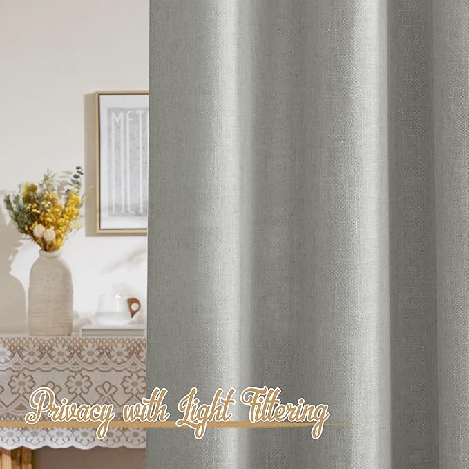 NICETOWN Linen Gray Curtains 84 inches Length 2 Panels Set, Rod Pocket & Back Tab Flax Linen Burlap Semi Sheer Eclectic Drapes Privacy with Light Filtering for Kids Room/Living Room, W52 x L84