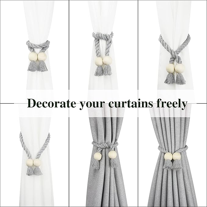 6 Pack Magnetic Curtain Tiebacks Cotton Hand Woven Tie Back Decorative Rope Holdbacks for Curtains Draperies No Tools Required, Light Grey