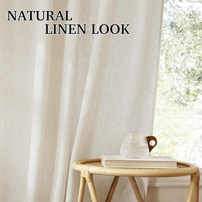 RYB HOME Linen Curtains 84 inches for Living Room, Semi Sheer Farmhouse Light Filtering Half Privacy Window Drapes for Bedroom Dining Room Nursery, Natural Beige, W 52 x L84 inches, 2 Panels