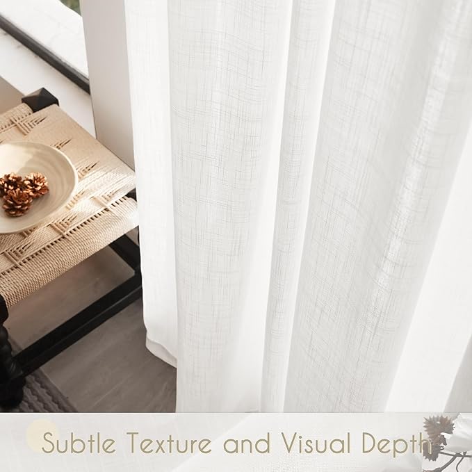 White Linen Curtains 63 inch Length 2 Panel Set for Living Room Back Tab Rod Pocket Semi Sheer Light Filtering Bedroom Window Curtain 63 inch Long Cotton Textured Modern Elegant Coastal Drapes