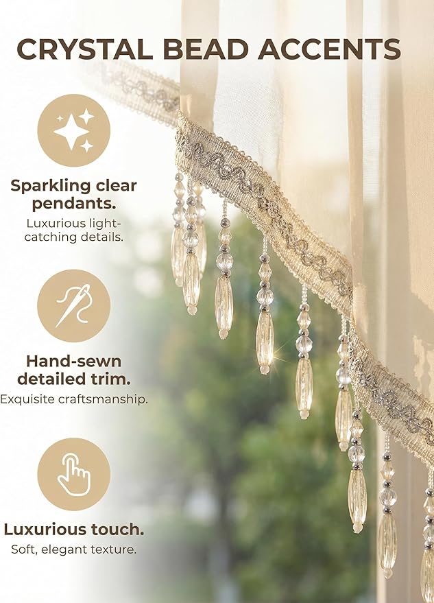 Molaxhome Swag Curtain 51 inch Length Rod Pocket Scalloped Curtain Valance Sheer Lace Panels with Hanging Crystal Beads for Kitchen Bedroom Window Treatments Drape Decor 1pc (Beige, 51Wx23L)