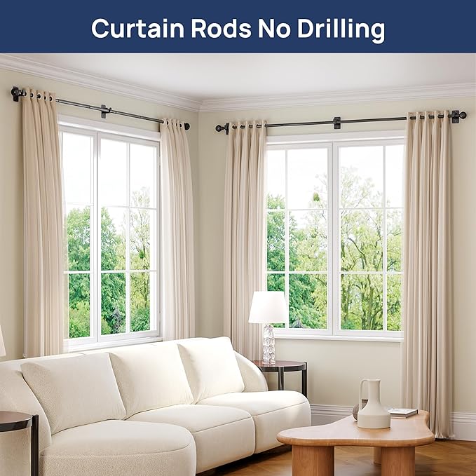 ENJOYBASICS 2 Pack No Drill Curtain Rods for Window 48 to 84 Inches, 5/8 Inch Diameter Renter Friendly Drapery Rod with Adhesive Brackets without Drilling, Adjustable from 27 to 90 Inches, Black