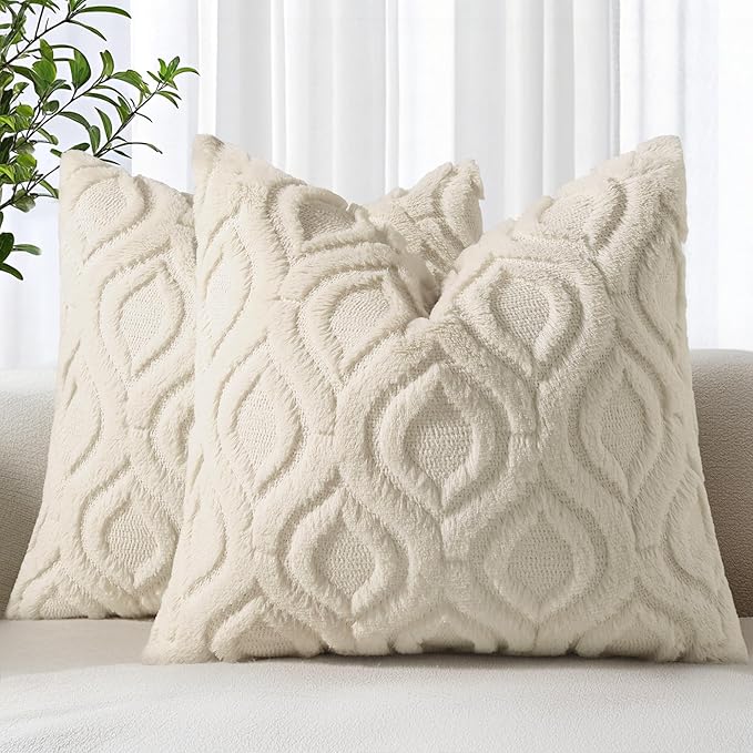 decorUhome Throw Pillow Covers 18x18 Inch Set of 2, Soft Plush Faux Wool Beige Solid Couch Pillow Covers, Accent Farmhouse Neutral Square Pillow Cases for Sofa Bed Living Room
