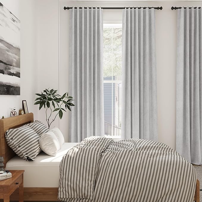 Nanspring Grey Linen Curtains 63 Inches Length 2 Panels Set for Living Room Back Tab Pocket Modern Light Filtering Semi Sheer Drapes Cotton Linen Textured Grey Window Curtain 52X63 Inches