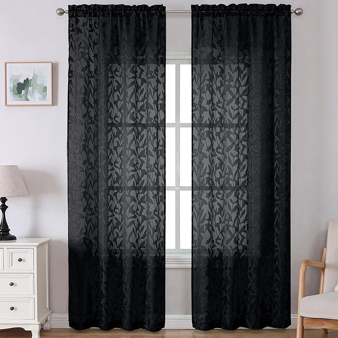 Lecloud Leia Black Sheer Curtains for Living Room Decor 120 Inches Long 2 Pcs, Jacquard Leaf Textured Bedroom Curtains, Rustic Light Filtering Airy Rod Pockets Drapes, Each Panel 52" W x 120" L