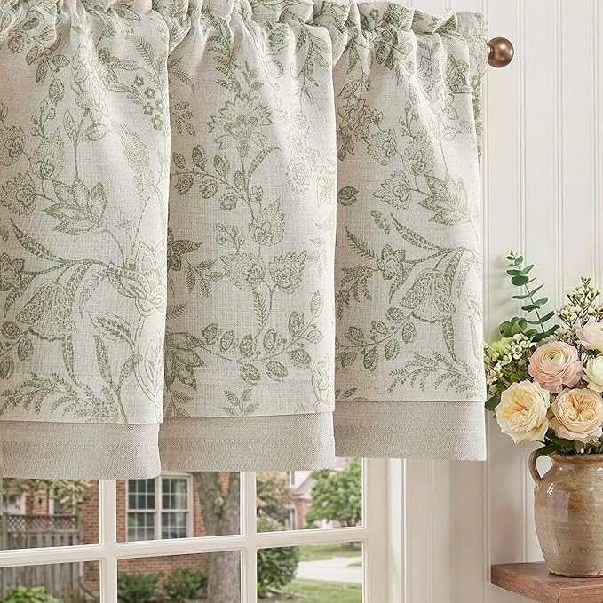 jinchan Linen Valance Curtain Farmhouse Floral Printed Small Window Curtain for Kitchen Rustic Country Light Filtering Valance for Living Room Bedroom 16 Inch Rod Pocket 1 Panel Sage Green on Beige