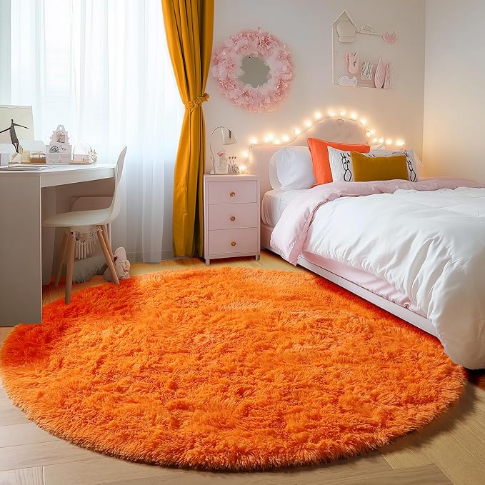 ONASAR Orange Round Area Rugs 4ft for Bedroom Living Room, Fluffy Circle Rug for Kids Girls Boys Teen, Soft Plush Shaggy Carpet for Nursery Dorm Classroom Playroom Home Decor Aesthetic