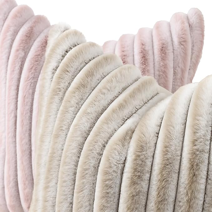 decorUhome Summer Cozy Faux Fur Throw Pillow Covers 12x20 Set of 2 Decorative Soft Plush Striped Lumbar Modern Farmhouse Boho Couch Pillow Cases with Velvet Back for Sofa Bed Living Room, Beige White