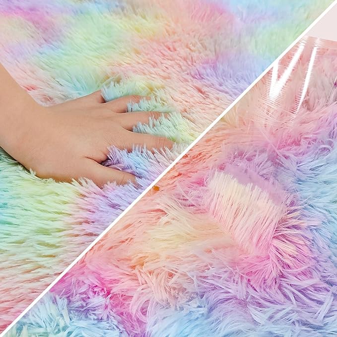 Fluffy Rainbow Colorful Area Rug for Living Room 8x10 Kawaii Tie Dye Rug Fuzzy Indoor Floor Unicorn Rug for Bedroom Girls Kids Nursery Baby Princess Room Dorm Home Decor Aesthetic Carpets