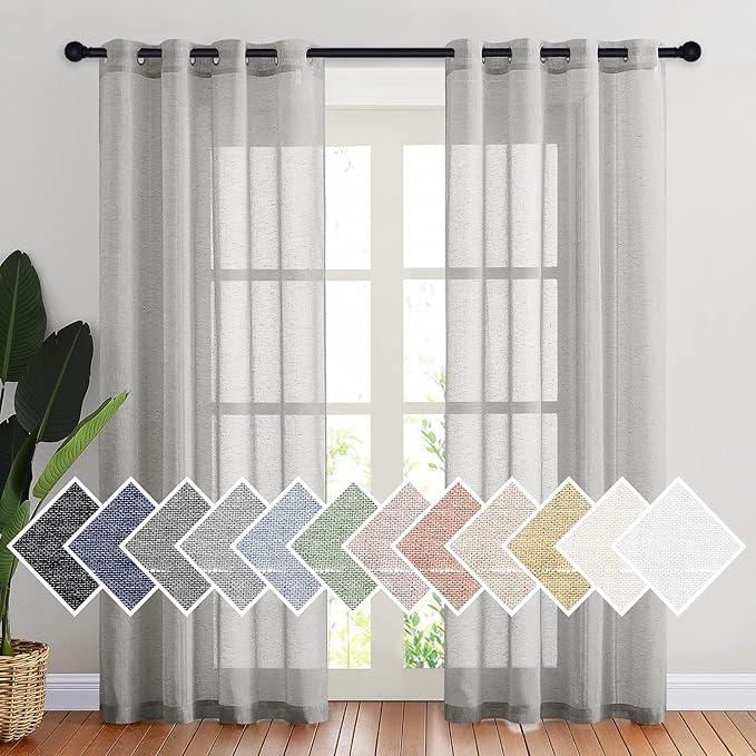 NICETOWN Sheer Linen Bedroom Window Curtains 84 inches Length, Grommet Privacy Semitransparent Light Filtering Flax Sheer Window Treatment for Living Room, Grey, W52 by L84, 1 Pair