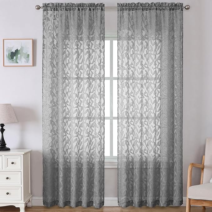 Lecloud Leia Charcoal Grey Sheer Curtains 108 Inches Long 2 Panels, Airy Jacquard Textured Voile Curtains, Gauzy Aesthetic Drapes with Dual Rod Pockets for Living Room Bedroom, Each 52" W x 108" L
