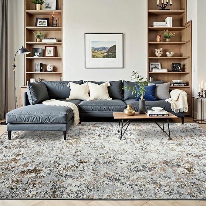 Toneed Abstract Area Rug Modern Washable Rug Soft Non Slip Rug Low Pile for Bedroom Living Room Dining Room Brown/Grey 5x7 Feet