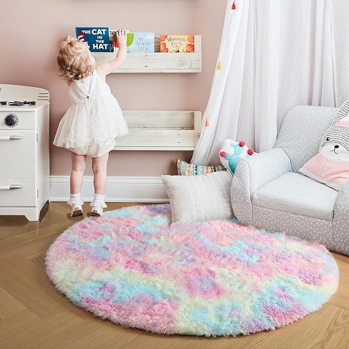 Amdrebio Rainbow Fluffy Round Rug 4Ft Kids Rugs for Girls Bedroom, Unicorn Room Decor, Colorful Pastel Shag Carpet for Preppy Dorm, Soft Cute Fuzzy Kawaii Circle Area Rugs for Baby Nursery, Playroom