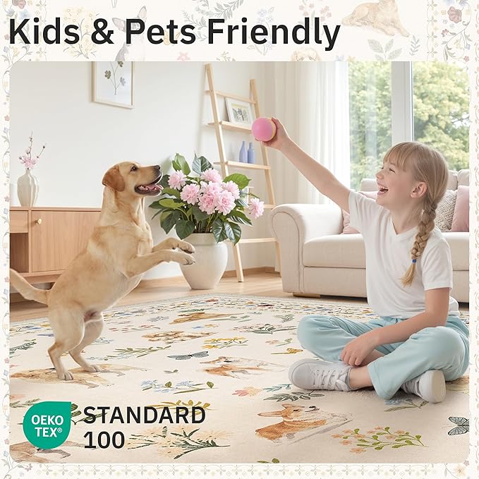 Soalmost Dog 9x12 Area Rugs for Living Room, Machine Washable Animal Floral Vintage Rug Non-Slip Low Pile Soft Throw Large Rugs for Bedroom Dining Room Kitchen Nursery Playroom (9 x 12,Beige)