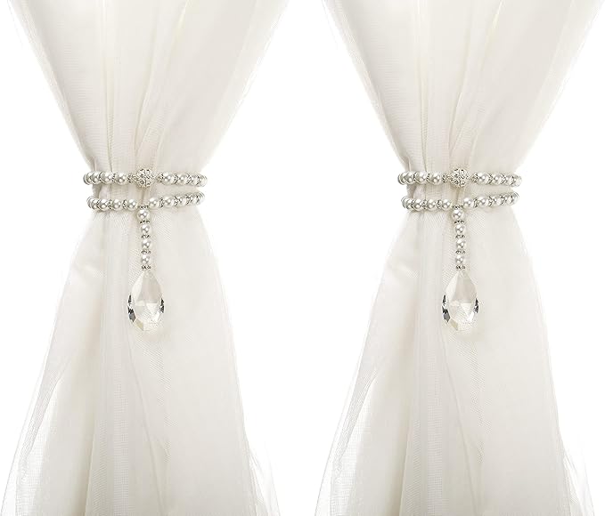 SUQ I OME 1 Pair of Luxury Pearl Beaded Magnetic Curtain Tieback and Holdback Curtain Clips Curtain Buckle Curtain Holder Blingbling Curtain Holdbacks for Drapes,Pearl