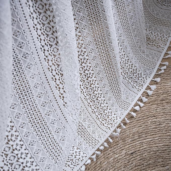 WAZZIO Boho Lace Curtains 72 Inches 2 Panel,Light Filtering Privacy Tassel & Geometry Crochet Semi Sheer Curtain Drapes for Bedroom Living Dining Room,Rod Pocket & Tassel,Victorian Decor,Off White