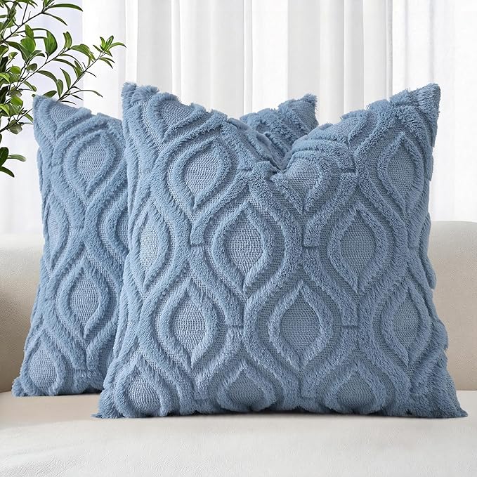 decorUhome Throw Pillow Covers 18x18 Inch Set of 2, Soft Plush Faux Wool Dusty Blue Solid Couch Pillow Covers, Accent Farmhouse Neutral Square Pillow Cases for Sofa Bed Living Room