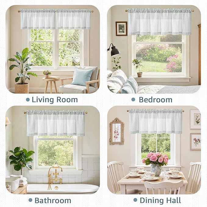 jinchan Linen Stripe Valance for Window 16 Inch Modern Rustic Farmhouse Valance for Kitchen Living Room Bathroom Window Treatment Light Filtering Rod Pocket 1 Panel Aqua Blue on Linen