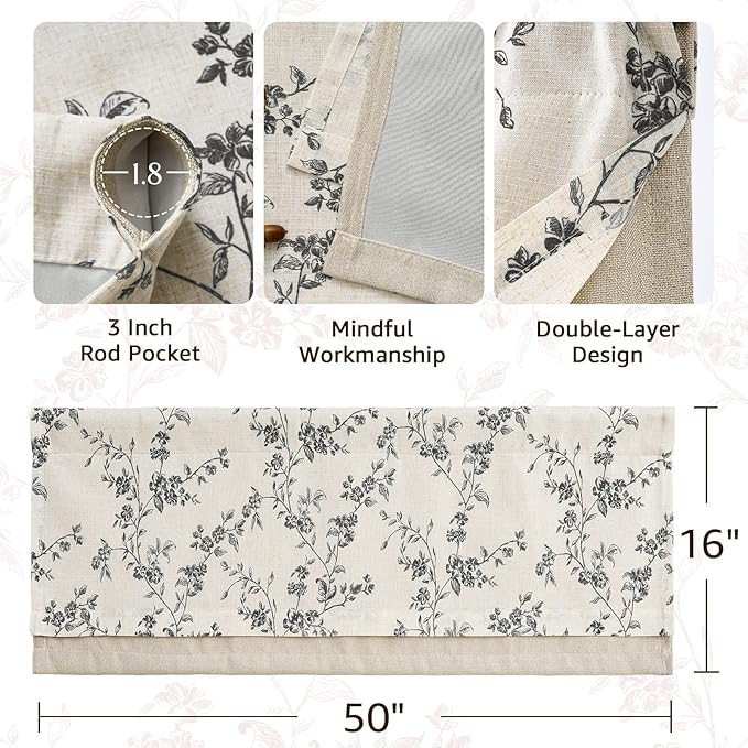 jinchan Linen Kitchen Valance for Windows 16 Inch Floral Double Layer Valance Living Room Laundry Room Darkening Rustic Cottagecore Farmhouse Flower Window Treatment 1 Panel Black on Linen