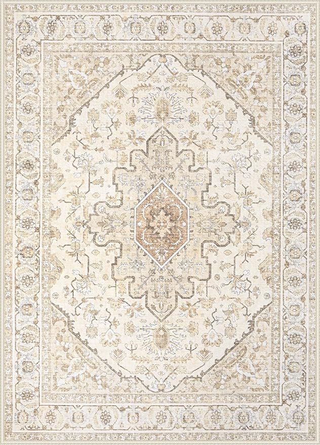 Area Rugs 9x12 Vintage Rug: Large Washable Living Room Rug Retro Medallion Distressed Soft Low Pile Non-Slip Indoor Floor Carpet for Bedroom Dining Table Office (BeigeBrown,9'x12')