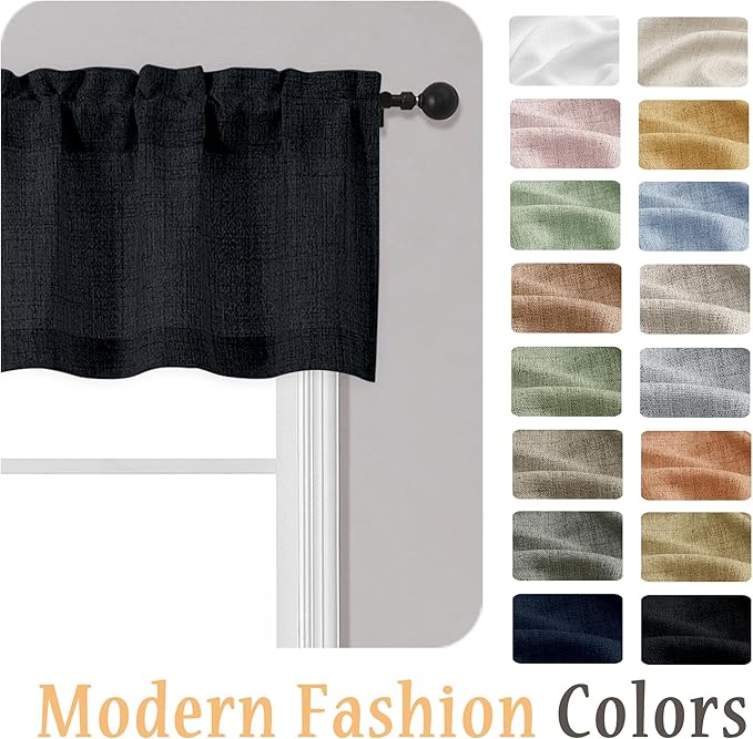 OWENIE Black Valances for Windows 1 Pcs, Light Filtering Textured Farmhouse Short Small Valance Curtains for Bathroom Basement Living Room Bedroom, Rod Pocket Half Curtains for Windows, 52Wx12L Inch