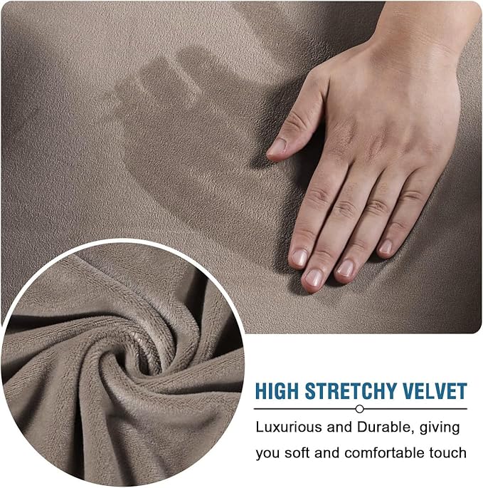 H.VERSAILTEX Modern Velvet Plush High Stretch Sofa Slipcover Furniture Protector Form Fit Luxury Thick Sofa Cover for 3 Cushion Couch, Machine Washable Width Up to 90 Inch (Sofa,Taupe), 4 Piece