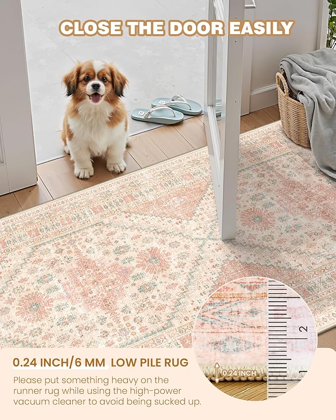 2x5 Rug Runner Washable for Entryway, Soft Bathroom Rugs with Non-Slip Backing,Vintage Low Pile Stair Runner, Small Kitchen Carpet for Hallways, Laundry Room(Pink,2'x5')