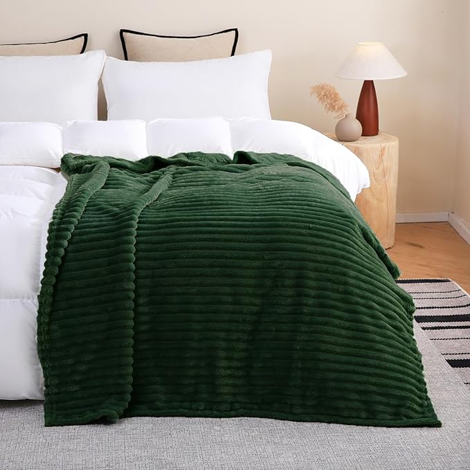 Green Fleece Throw Blanket 90”×90” for Couch Sofa Bed,Super Soft Cozy Plush Microfiber Flannel Blanket with Stripes Design Lightweight for Adults,Woman,Girls