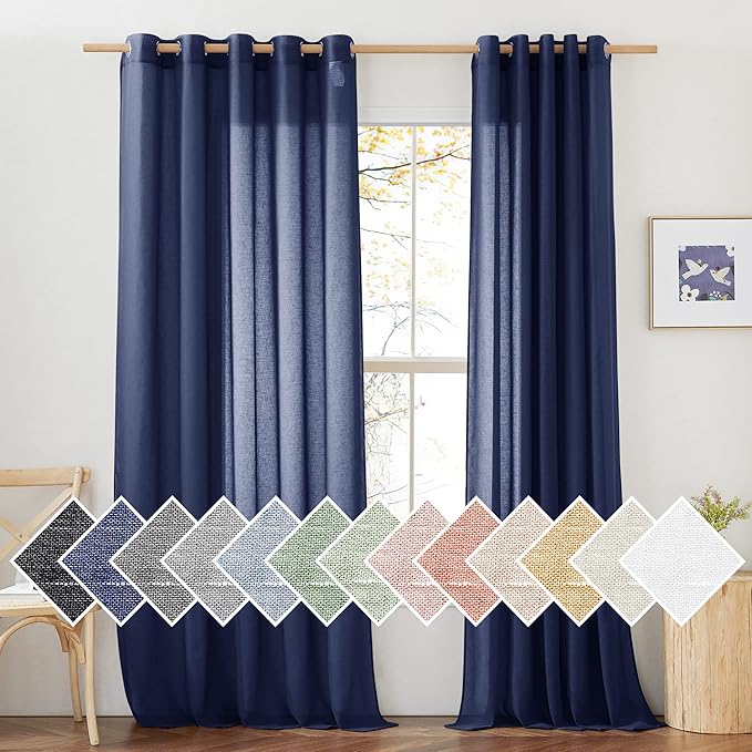 NICETOWN Linen Textured Sheer Curtains 84 inch Long for Living Room, Privacy Chic Sheer Curtains Window Treatment Translucent Drapes for Farmhouse/Cottage, W70 x L84, Dark Blue, 1 Pair