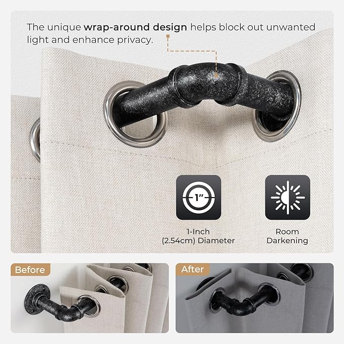 Zeerobee Curtain Rods for Windows 66 to 120, 1 Inch Industrial Wrap Around Vintage Black Curtain Rod, Indoor/Outdoor Room Divider Adjustable Drapery Pole, 66"-120"