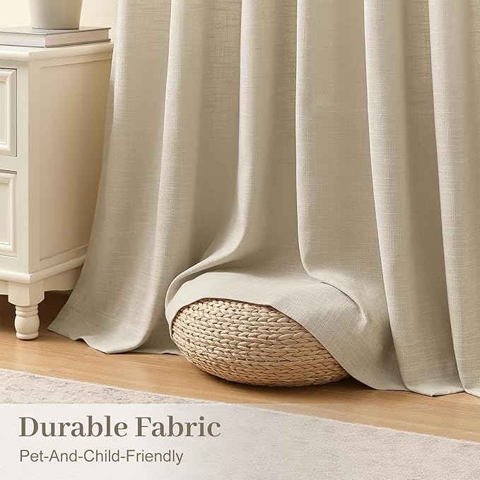 Extra Wide Pinch Pleated Linen Curtains for Living Room Memory Training Semi Sheer Pleat Curtain with Hooks Rings Back Tab Light Filtering Drapes for Sliding Door, 60Wx90L, Sand Beige, 1 Panel