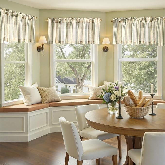 jinchan Valance Curtain Linen Textured Striped Window Curtain for Living Room Light Filtering Farmhouse Valance for Kitchen Rod Pocket 1 Panel 16 Inch Multi Green on Linen