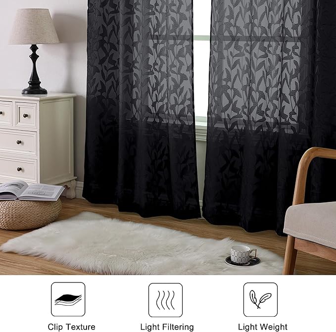 Lecloud Leia Black Sheer Curtains 84 Inches Long 2 Panels, Airy Leaf Textured Jacquard Drapes, Light Filtering & Privacy Rod Pocket Window Curtains for Living Room Bedroom, 52" W x 84" L