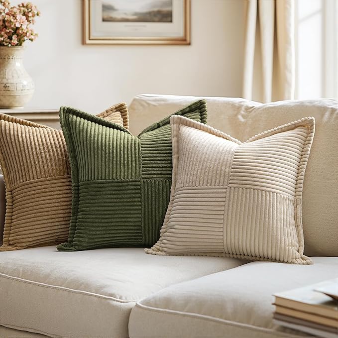 MIULEE Spring Decorative Throw Pillow Covers for Couch Bed Livingroom 18x18 Inch Set of 2 Olive Green Boho Accent Throw Pllows Broadside Striped Patchwork Soft Corduroy Summer Pillowcases