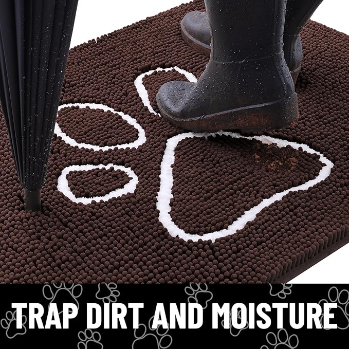 Smiry Dog Door Mat for Muddy Paws, Absorbent Dirt Trapper Non Slip Quick Dry Washable Chenille Mat for Mud Dogs, Entry Rug for Indoor and Outdoor (44x32 Inches, Brown and White)