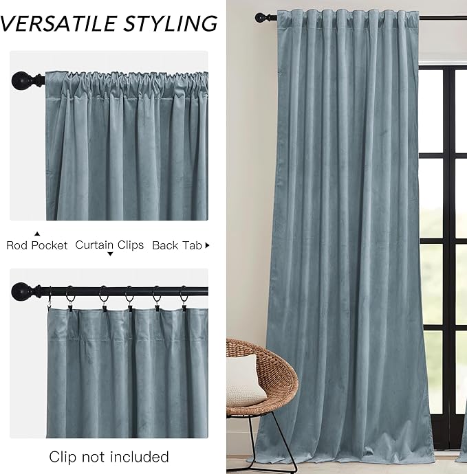 RYB HOME Stone Blue Velvet Curtains 63 inches with Hook Belt, Soft Fabric Room Darkening Thermal Insulated Luxurious Home Decor Curtains for Living Room Bedroom, W 42" x L 63", 2 Panels Set