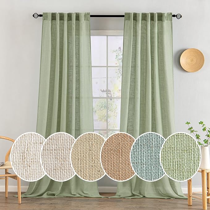 MIULEE Sage Green Linen Curtains 102 Inch Length 2 Panels for Bedroom Living Room, Soft Thick Linen Textured Window Drapes Semi Sheer Light Filtering Back Tab Rod Pocket Burlap Look Decor